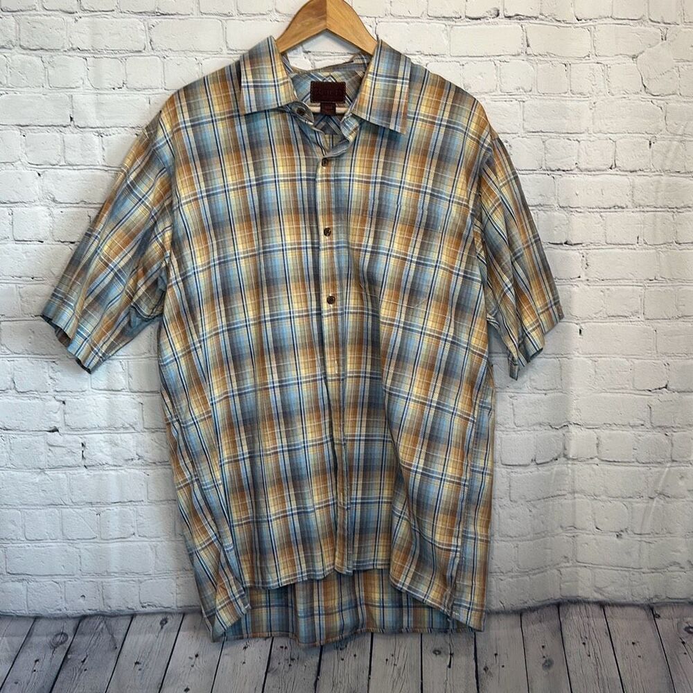 Born Mens Blue Yellow‎ Plaid short Sleeve Button Down Shirt size xl 100% Cotton